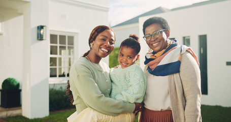 Fototapeta premium Portrait, mom and girl with grandmother for new house, relocation and moving to dream home. African family, generations and woman with child, senior parent and smile for bonding, love and property