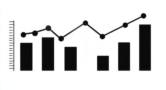 Minimalist black bar chart with seven bars and overlaid line graph with circular markers, vertical axis ticks conveying analytic insight and an optimistic upward trend