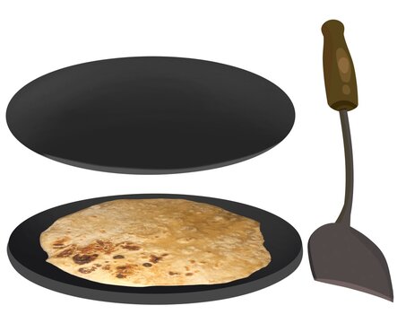 Cartoon black tawa with cooked roti and kitchen spatula illustration