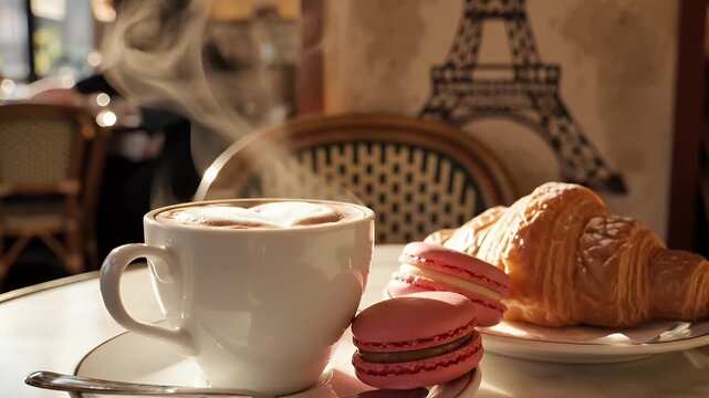 Cozy Parisian Caf? Morning Scene Featuring Coffee, Croissant, and Pink Macarons on a Wooden Table