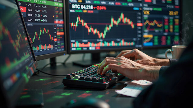 Trader hands typing in front of live market data screens