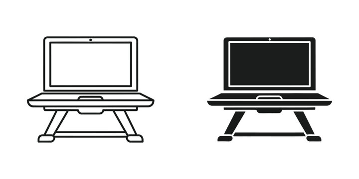 Laptop computer stand for ergonomic workspace setup in outline and solid black style for office