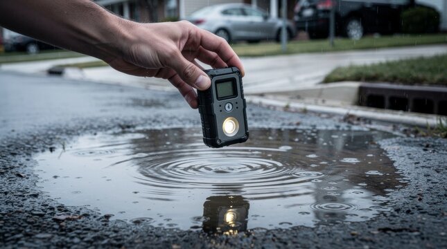Hand holding electronic device over a water puddle