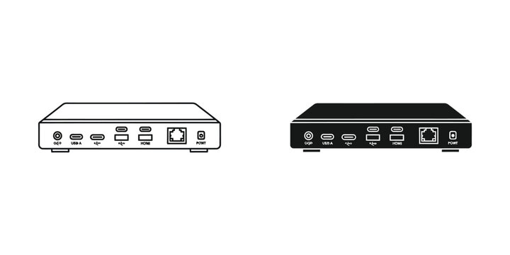 Modern network switch device with multiple input ports and power connector in outline and solid black