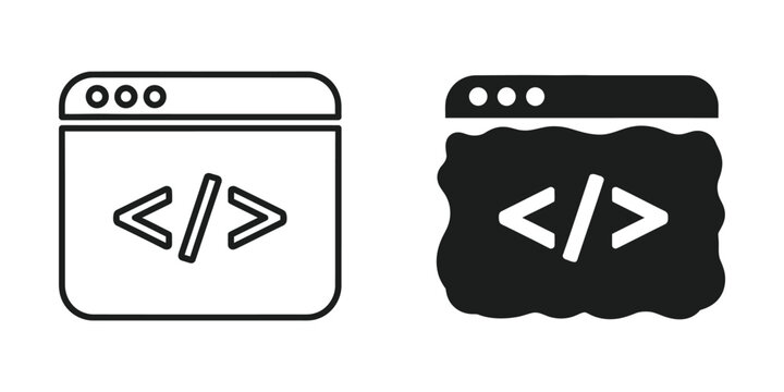 Web development code window set featuring html tag symbol in minimalist outline and solid black style