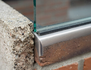 Fototapeta premium Close Up Of Architectural Detail Featuring Glass Panel Integrated With Brick And Concrete Wall Structure
