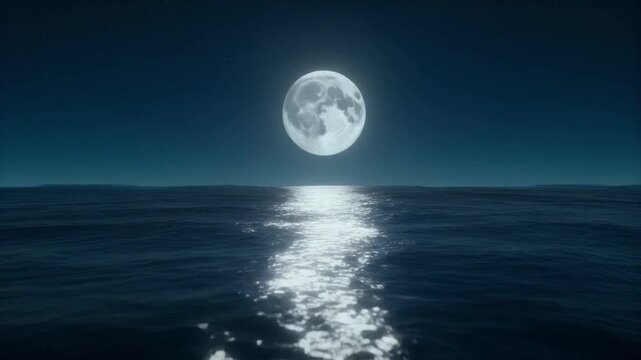 Full moon illuminating path across dark ocean waves at night