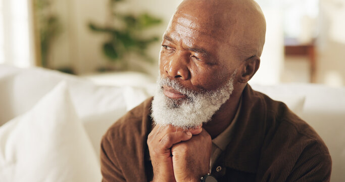 Thinking, serious or old man in home with nostalgia, wondering mindset or contemplating on past memory. Perspective, insight or black person with flashback, questioning or reflection in retirement