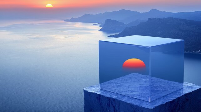 Beautiful Transparent Cube Holding Sunrise Over Ocean and Mountains at Dawn