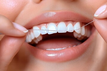 Fototapeta premium Close-up of smiling mouth flossing between bright white teeth with manicured fingers, conveying freshness and satisfaction from clean oral hygiene