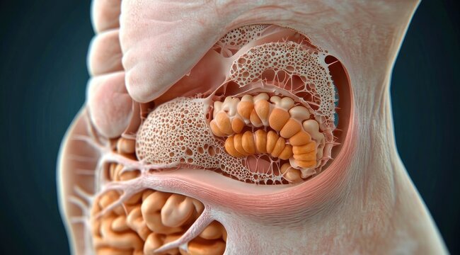 Detailed anatomical cross-section of a human ear showing coiled cochlea, porous mastoid bone, cartilage, soft tissues and nerve structures, evoking clinical curiosity and scientific wonder