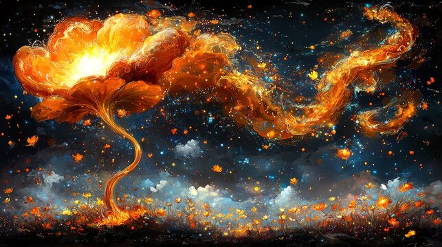 Melting Candle into a Blooming Flower Radiating Warmth and Light in a Dreamy Landscape
