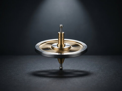 Metallic Precision Top Gyroscope Spinning on Stand Demonstrating Conservation of Angular Momentum
