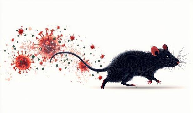 black rat scurrying to the right with trailing red spiky viral particles and splattered droplets, evoking alarm and urgency