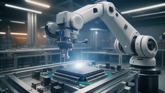 Robotic arm installing integrated circuit on printed circuit board in modern industrial setting