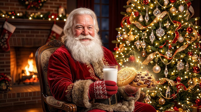Santa Claus is gently holding two highly detailed, mouth-watering cookies in his hands.