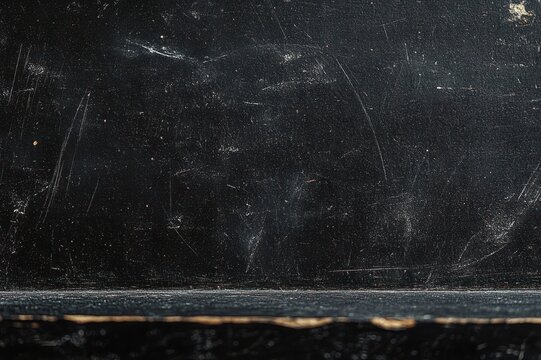 worn scratched black surface with scuff marks, dust specks and a chipped lower edge conveying a gritty aged texture