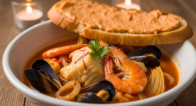 Bouillabaisse Marseille Saffron Broth Monkfish Mussels Rouille Croutons French Seafood