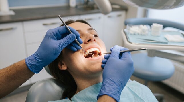Professional dentist examining teeth of a patient using a small metal mirror and sharp tool