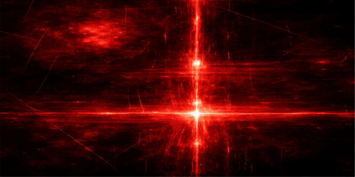 Abstract red light streaks form a celestial cross shape against a dark, nebulous background, suggesting cosmic energy or a powerful phenomenon.