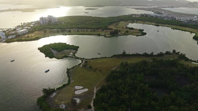 Drone Shot of Sint Maarten Island, Mullet Bay Pond on Simpson Bay at Sunrise, Dutch Part and Overseas Territory
