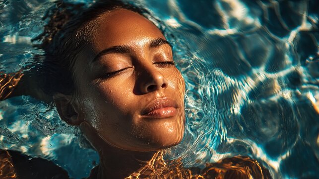 Beautiful young woman with glowing bronze skin relaxing peacefully while floating in bright blue shimmering swimming pool water surface ripples