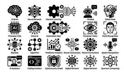 Fototapeta premium Black and white AI technology icon set with artificial intelligence machine learning and automation symbols vector illustration isolated on white background