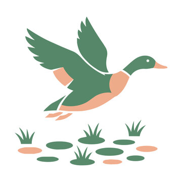 Minimalist stylized duck soaring above organic grass patches with bold flat color blocks in a forest green and soft peach palette nature design concept