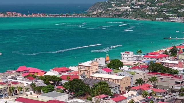 Drone Shot of Philipsburg, Sint Maarten Island, Colorful Town Buildings and Turquoise Caribbean Sea