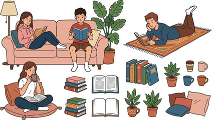Fototapeta premium Cozy home reading vector element set with people studying books, relaxing on sofa, drinking coffee, and interior plant deco