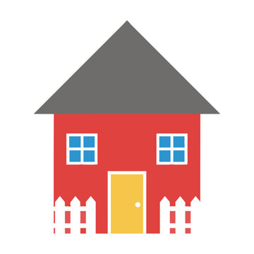Small house with red facade and yellow door behind a white picket fence on a white background, residential real estate concept