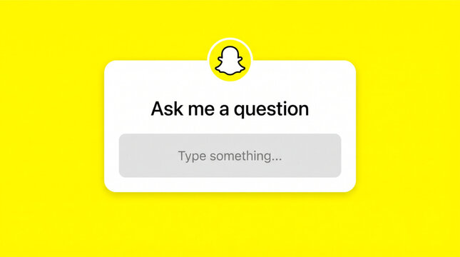 Snapchat mobile app UI UX interface smartphone screen mockup Ask me a question engagement sticker layout template with ghost logo icon and text input field on flat yellow background illustration