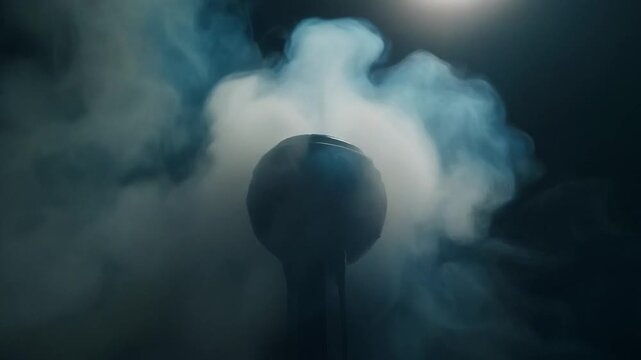 Dark scene featuring microphone shrouded in cool blue tinted smoke
