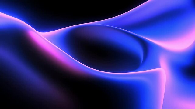 Abstract background with smooth flowing waves in neon blue and purple light.