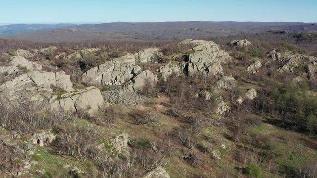 Urals in spring: Irendyk ridge, Mount Karatashmas. Aerial view.