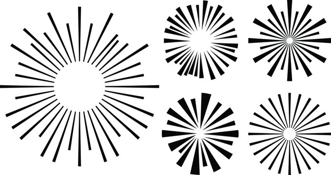 Vintage sunburst vector set with black geometric starburst radial lines and light rays icon collection for retro badge design creative elements