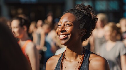 Obraz premium Radiant young woman with braided hair smiling brightly while participating in an outdoor fitness class during a sunny afternoon session