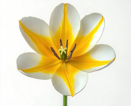 open white tulip with yellow star pattern, dark stamens and green stem isolated on white background, fresh and delicate