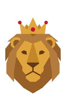 Minimalist lion head icon wearing a regal crown with bold geometric shapes and solid colors isolated on white, luxury branding concept