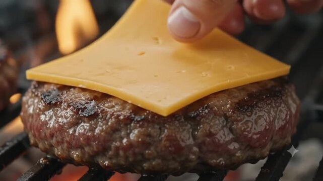 Beef hamburger patty being grilled over open flames with cheese added to melt in this appetizing culinary video clip showing the preparation of a delicious classic American style cheeseburger meal