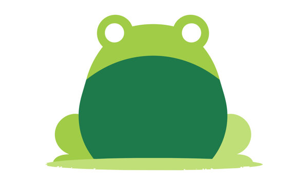 Minimalist green frog icon with simple geometric shapes and white dot eyes isolated on a white background, animal character design