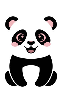 Cute baby panda sitting in a symmetrical pose with friendly eyes and rounded shapes on a solid white background, minimal animal character design