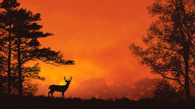 minimal wildlife landscape, solitary whitetail buck silhouette positioned on the left third of the frame, enormous glowing sunset sky filling the composition, vivid orange and scarlet gradients