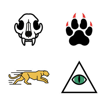 Set of four stylized wild cat icons including a feline skull paw print silhouette and eye design isolated on a white background minimalist nature concept