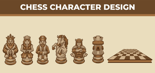 Chess pieces stand ready for battle. Wooden tones lend warmth to the classic game. Each figure shows proud, determined stance. Chessboard rests beside the lineup, completing the set © Cak Had Photography