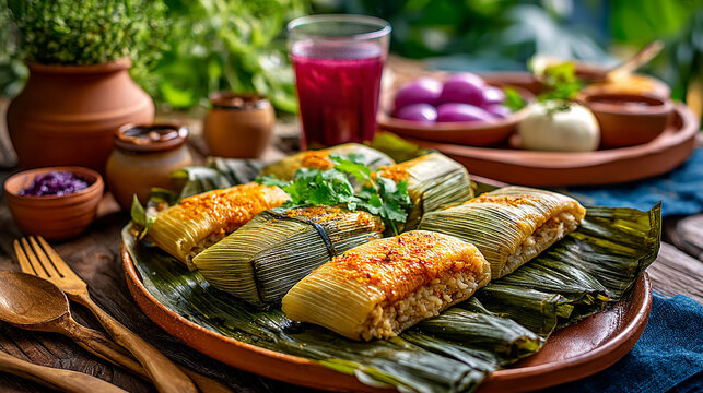 Authentic mexican tamales platter with salsa and hibiscus drink, hibiscus