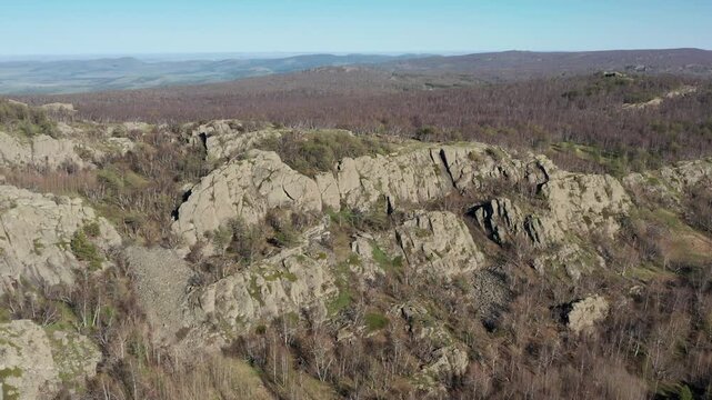 Urals in spring: Irendyk ridge, Mount Karatashmas. Aerial view.