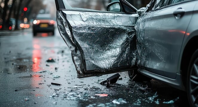 crumpled silver car with smashed side door open, shattered glass and debris on wet city street in a tense rainy accident scene