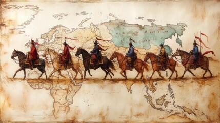 Fototapeta premium line of mounted riders in colorful cloaks and banners crossing an antique sepia world map, horses of varied colors evoking journey, exploration and determined adventure