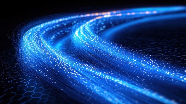 Curving glowing blue fiber-optic light streams with sparkling particles over dark hexagonal grid conveying speed and futuristic energy